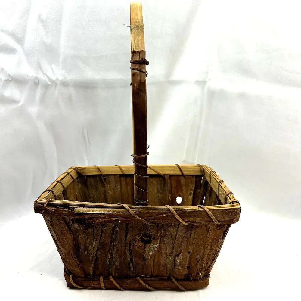 SKU2415 Vintage Handmade Wood Bark Planter Basket With Handle 8x6x4.5 Rustic